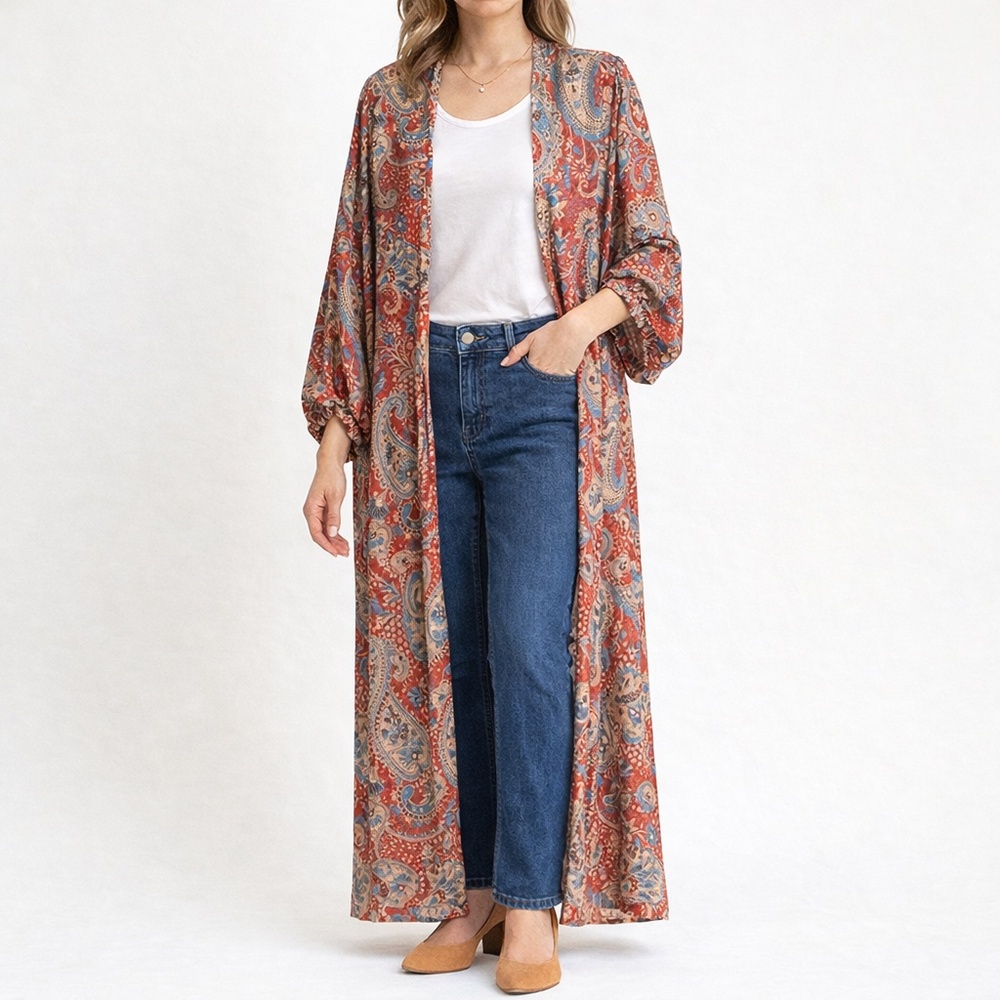 Adrienne Maxi Boho Paisley Open Kimono Coverup Cardigan